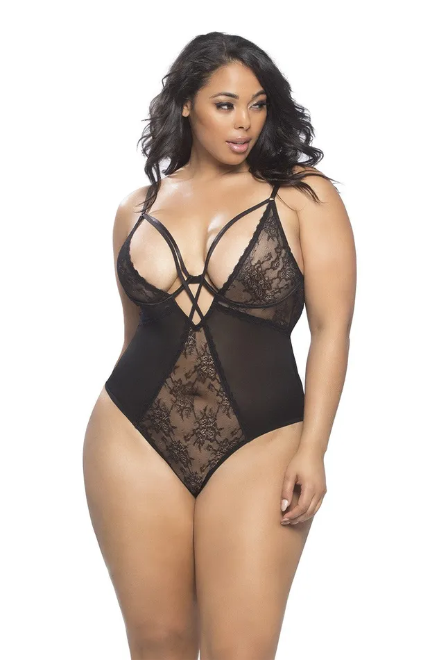 Anal Lace and Mesh Teddy With Underwire Neck Straps 3x4x Black Oh La La Cheri