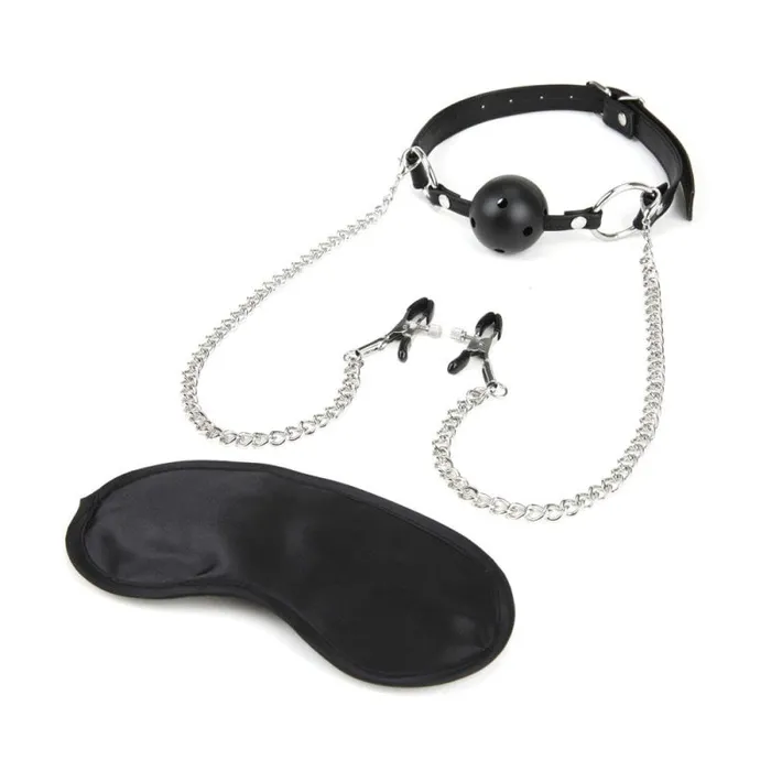 Breathable Ball Gag With Nipple Clamp Chain | Lux Fetish Male Sex Toys