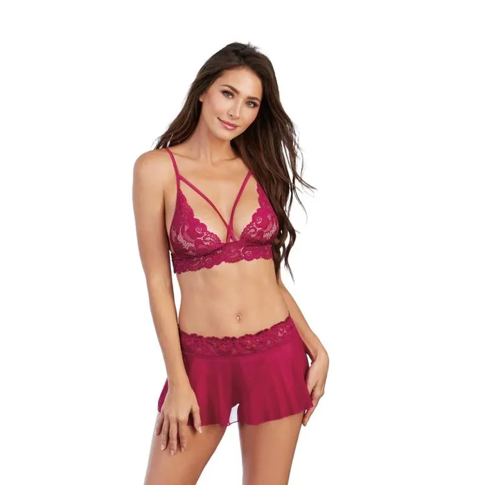 Dreamgirl Teddies And Bodies | Bralette, Skirt, G-String - One Size - Raspberry