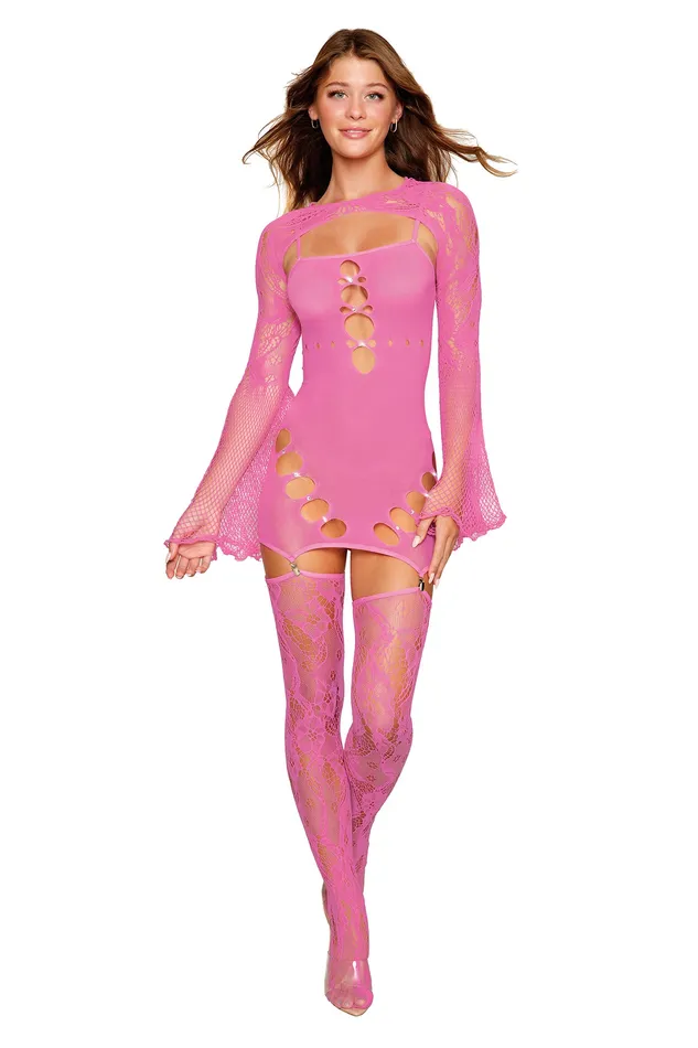 Dreamgirl Vibrators Garter Dress With Thigh High and Shrug One Size Milkshake Pink