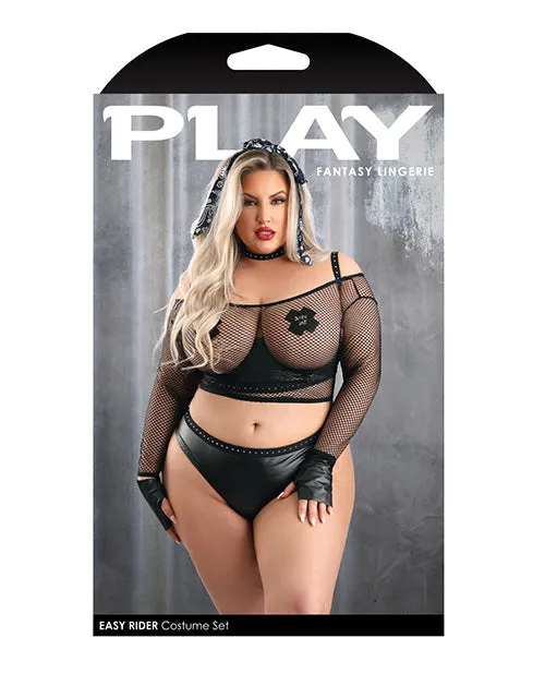 Fantasy Lingerie Anal | Play Easy Rider Open Cup Bra, Fishnet Top, Panty, Choker, Gloves, Bandana & Pasties Black