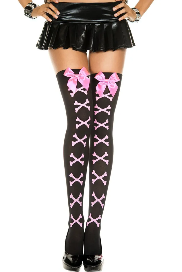 Music Legs Vibrators Cross Bone and Satin Bow Opaque Thigh Hi One Size Black Pink