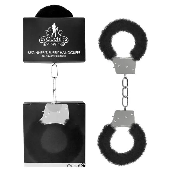 Ouch Beginners Furry Handcuffs Black Fluffy Restraint Shots Toys Anal