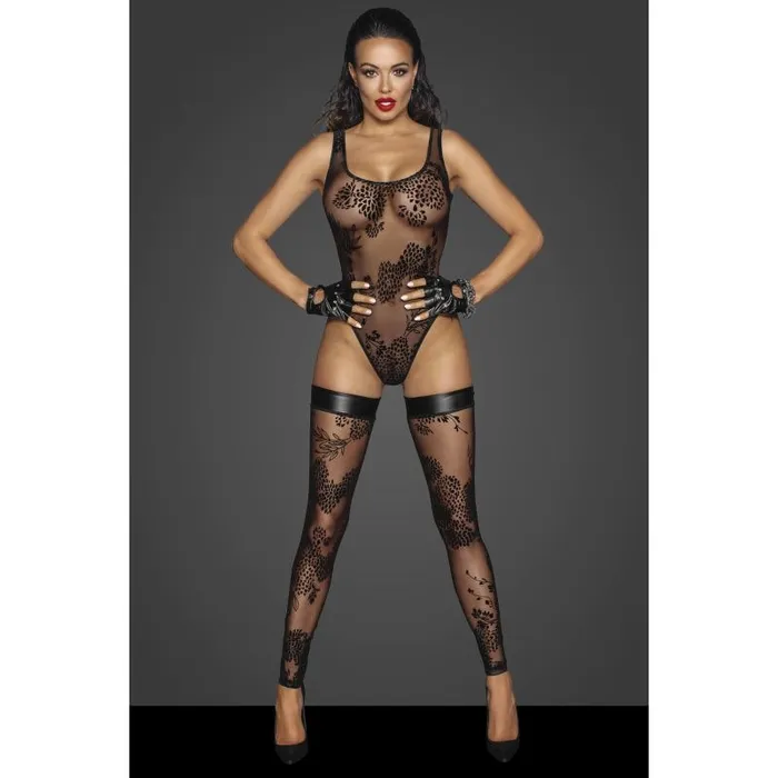 Teddies And Bodies Noir Tulle Bodysuit w Patterned Flock Embroidery