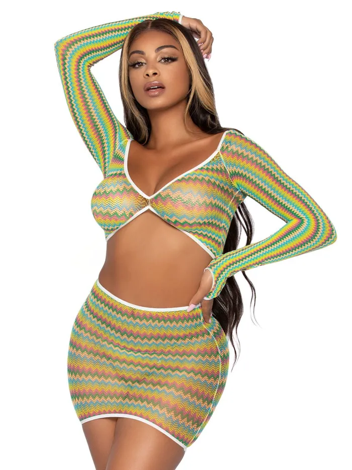 Vibrators 2 Pc Zig Zag Net Crop Top and Mini Dress One Size Green Leg Avenue