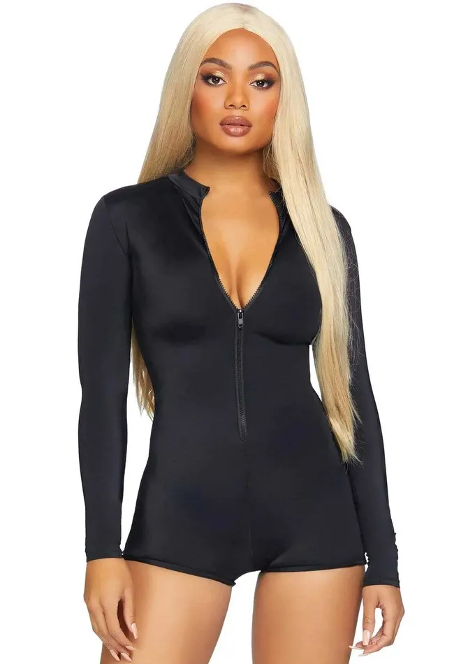 Zipper Front Long Sleeved Matte Romper Medium Black Leg Avenue Anal