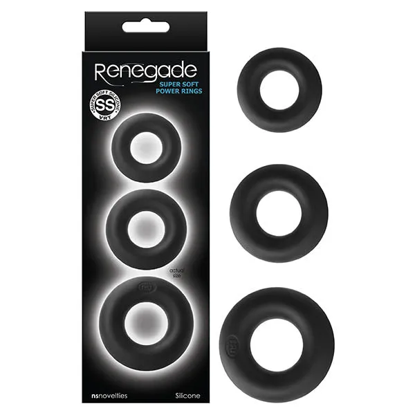 Renegade Super Soft Power Rings Black Cock Rings Set of 3 Sizes NS Novelties Anal