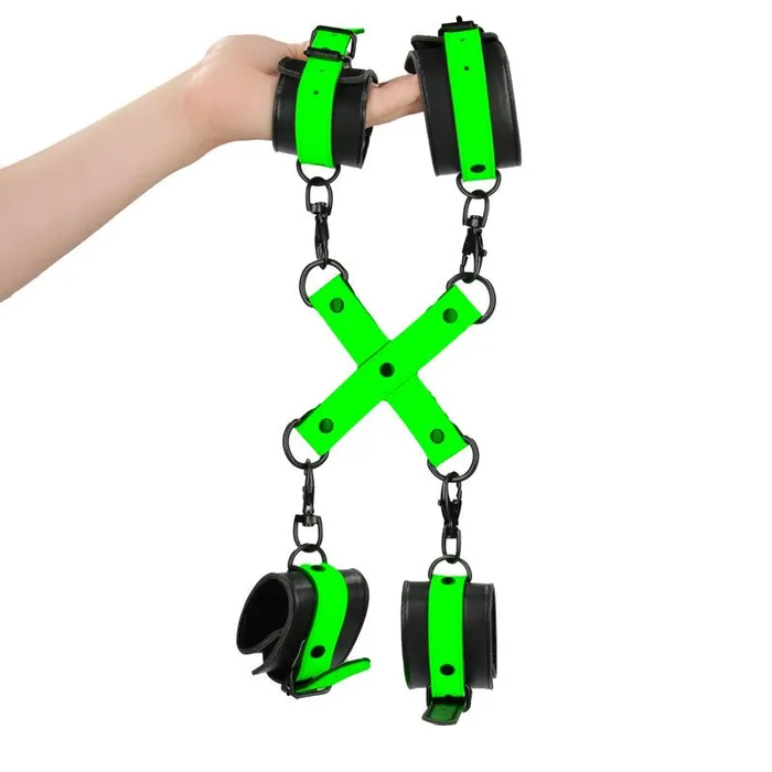 Shots Toys Female Sex Toys OUCH Glow in the Dark Hand Ankle Cuffs with Hogtie Glow in Dark Restraints