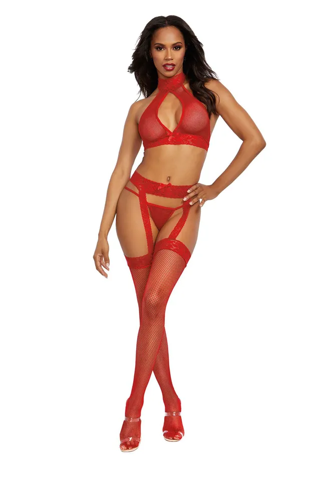 Teddies And Bodies Dreamgirl Bralette Garterhose and GString One Size Rouge