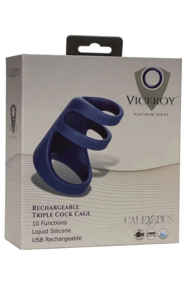 CalExotics Male Sex Toys Viceroy Rechargeable Triple Cock Cage Blue