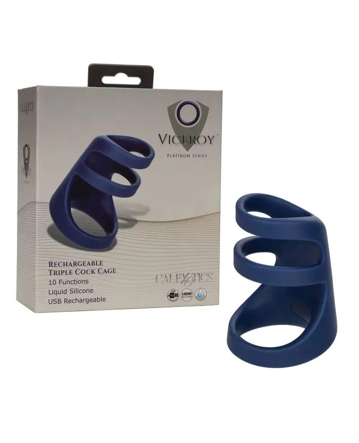 CalExotics Male Sex Toys Viceroy Rechargeable Triple Cock Cage Blue