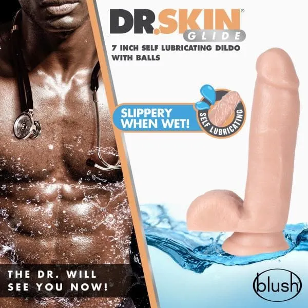 Dildos Blush Novelties Dr Skin Glide 7 Inch Self Lubricating Dildo With Balls Vanilla