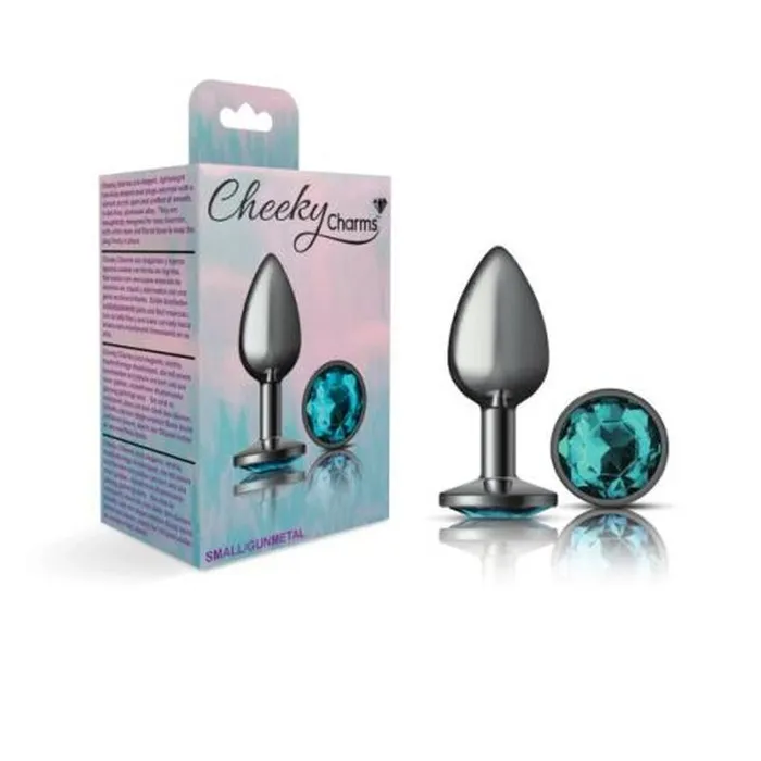 Cheeky Charms Anal Cheeky Charms Gunmetal Round Butt Plug w Teal Jewel Small