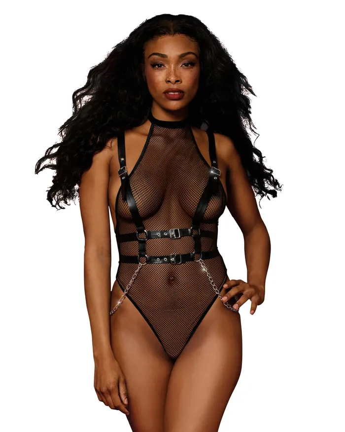 Female Sex Toys Dreamgirl International Lingerie Fishnet Teddy with Vegan Leather Harness