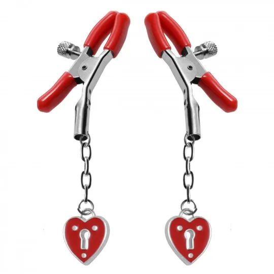 Female Sex Toys Master Series Charmed Heart Padlock Nipple Clamps