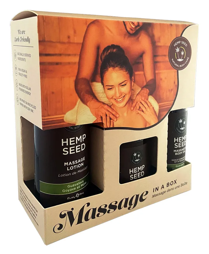 Couples Earthly Body Hemp Seed Massage In A Box Guavalava Scented Massage Gift Set 3 Piece Kit