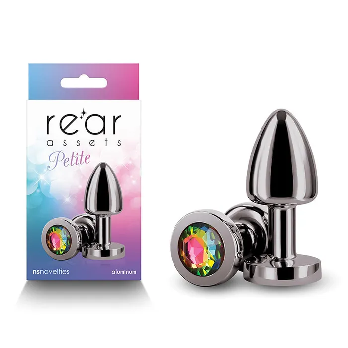 Female Sex Toys NS Novelties Rear Assets Petite Gunmetal with Rainbow Gem Gunmetal 6 cm Metal Butt Plug with Rainbow Round Gem Base