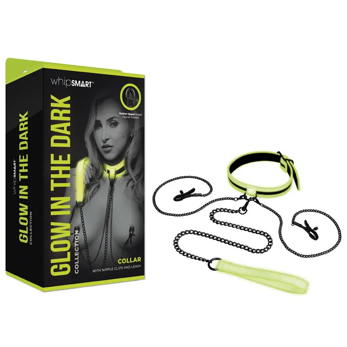 WhipSmart Female Sex Toys WhipSmart Glow In The Dark Collar with Nipple Clips Leash Glow in Dark Restraint